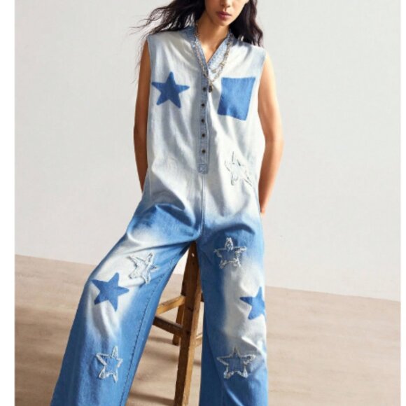 New Denim Star patchwork  Overall Jumpsuit Large / salopette - Picture 2 of 6